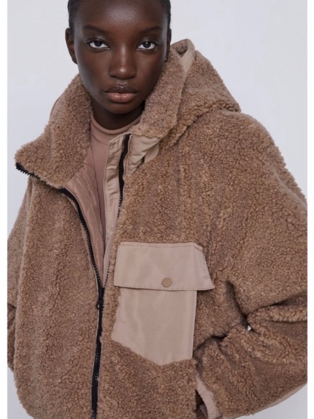 ZARA Sherpa Contrast Hooded Bomber Jacket size Medium Teddy - Picture 2 of 10